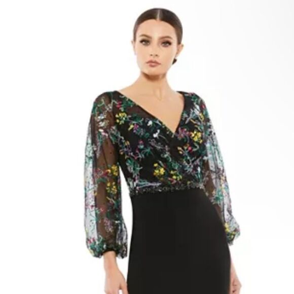 Mac Duggal 79379 Embroidered Mesh Long Sleeve Column Gown Black 14 NEW $498 - Picture 3 of 8